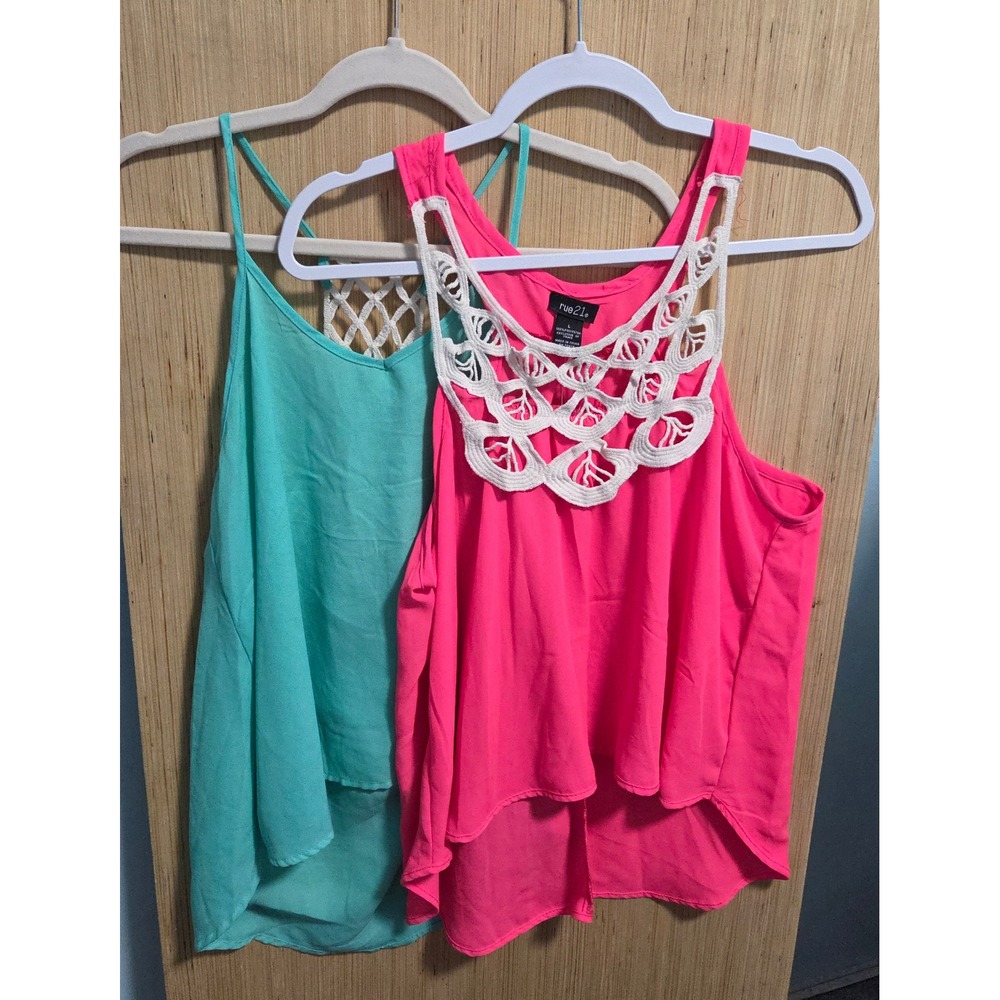 Rue21 Womens Tank Top Bundle Neon Pink Teal Crochet Lace Boho High Low Large NWT